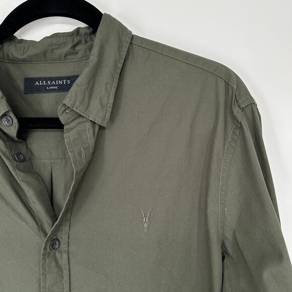 Allsaints Ramskull Embroidered Button Front Dark Green Shirt Mens Large - Picture 6 of 6